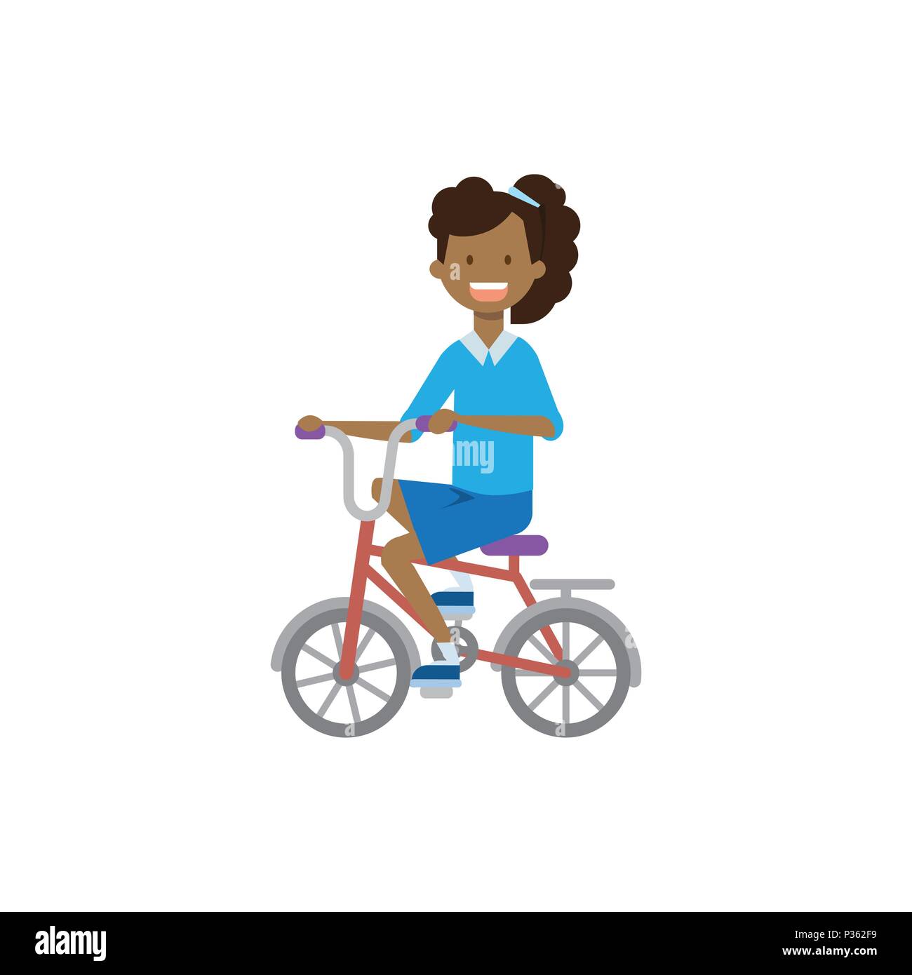 african young girl on bicycle over white background. cartoon character. full length flat style Stock Vector