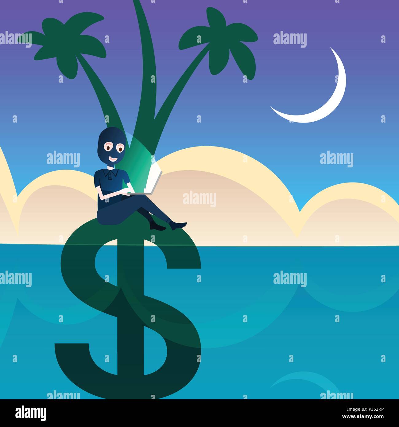 woman black mask laptop hacker attack dollar palm tree grow in ocean sea landscape background offshore concept viruses data privacy attack internet information security flat Stock Vector