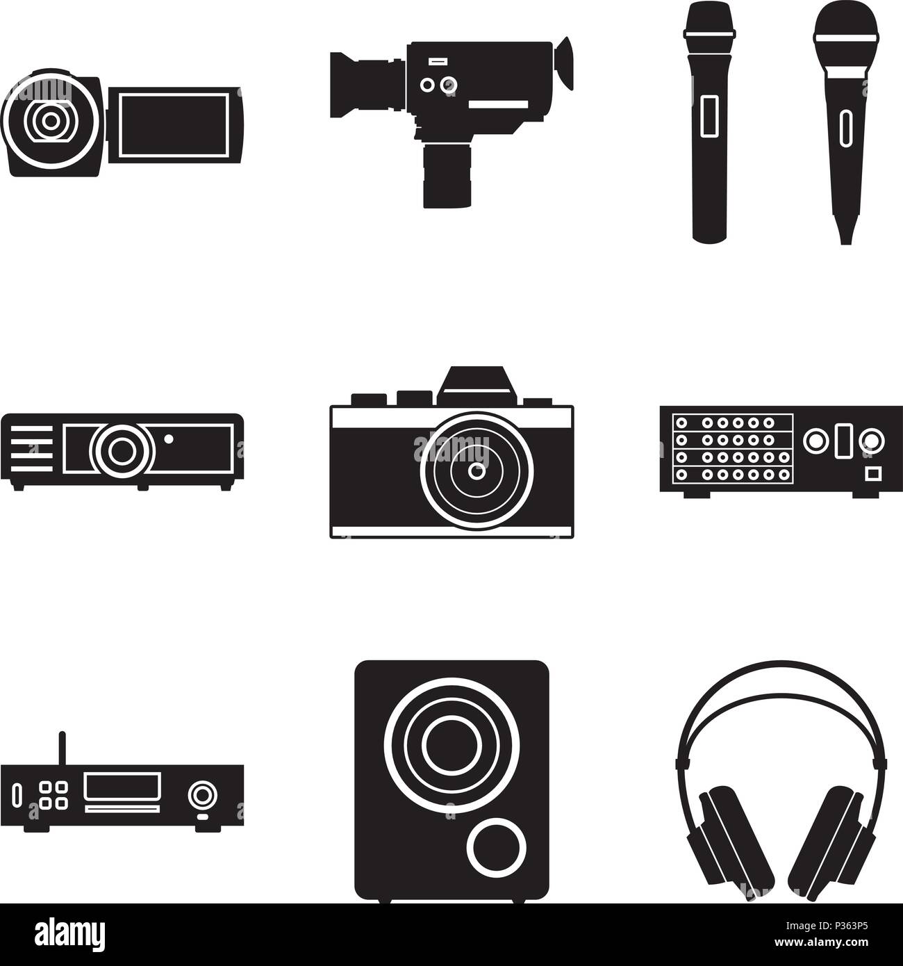 Set of audio and video equipment. Silhouette vector Stock Vector