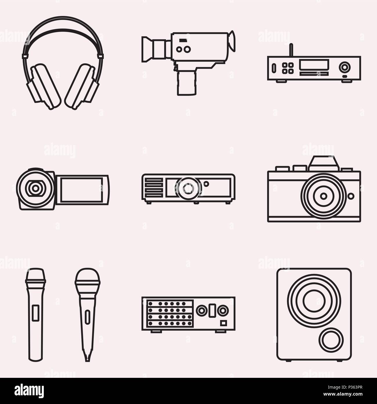 Set of audio and video equipment. Thin line vector Stock Vector