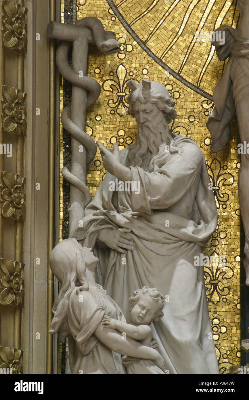 Moses lifts up the brass serpent, altar of the Holy Cross in Zagreb cathedral Stock Photo