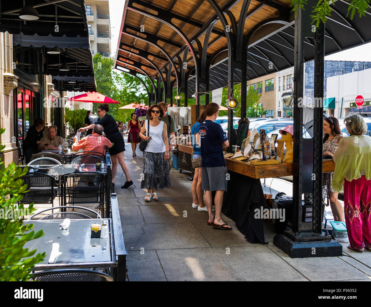 ASHEVILLE, NC, USA-10 JUNE 18:  A covered outside sales and dining area at the Grove Arcade, where local craftsmen display their wares. Stock Photo