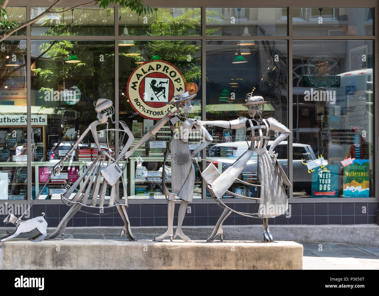 ASHEVILLE, NC, USA10 JUNE 18 Creative metal art work on Haywood St., in front of MALAPROPS
