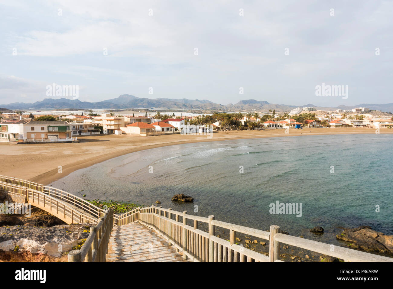 Mirador del Cabezo del Gavilan, Wooden stairway, beach, Puerto de Mazarrón, Murcia, Costa Calida, Spain. Stock Photo