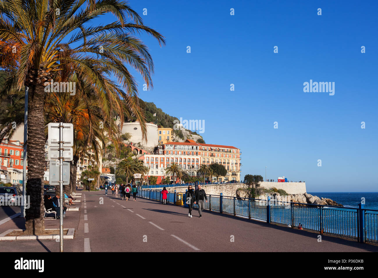 France, Nice city, Promenade des Anglais on French Riviera along Mediterranean Sea Stock Photo