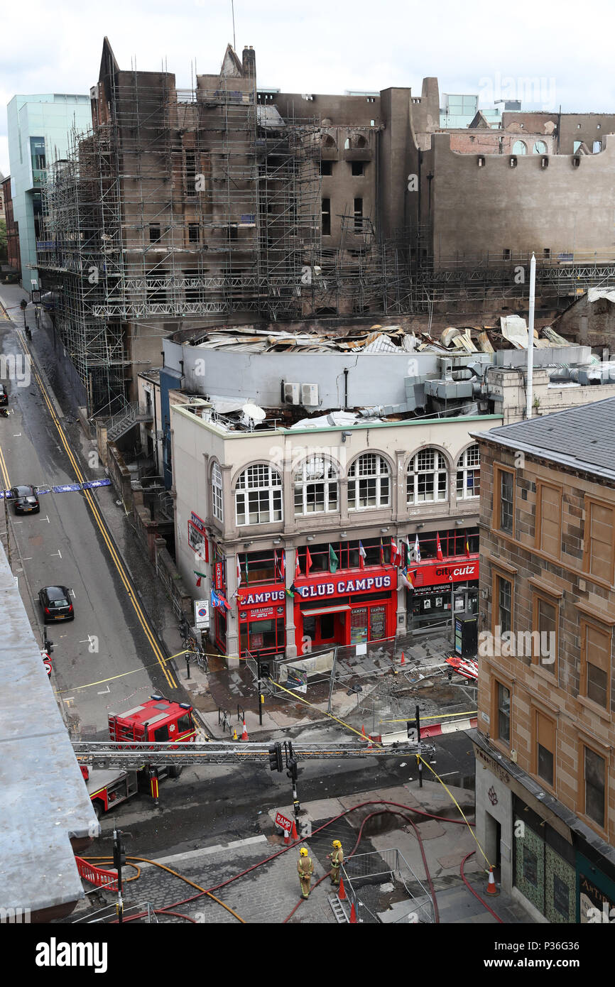 Exterior View Of The Fire Damage At The Glasgow School Of Art Gsa In The Historic Mackintosh Building And The O2 Abc Glasgow As Fire Fighters Continue To Dampen Down Following The