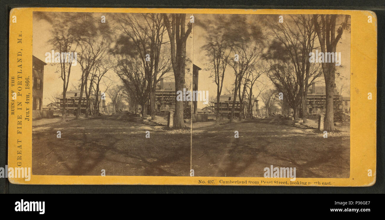 . Cumberland from Pearl Street, looking north-east. Alternate Title: Ruins of the Great Fire in Portland, Me., July 4, 1866. 497.  Coverage: 1866. Digital item published 3-9-2006; updated 2-12-2009. 81 Cumberland from Pearl Street, looking north-east, by John P. Soule Stock Photo