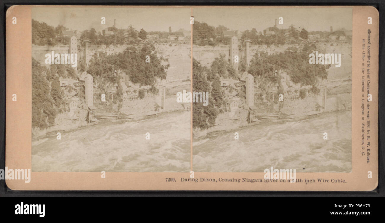 82 Daring Dixon, crossing Niagara on a 3-4th inch wire cable, from Robert N. Dennis collection of stereoscopic views Stock Photo