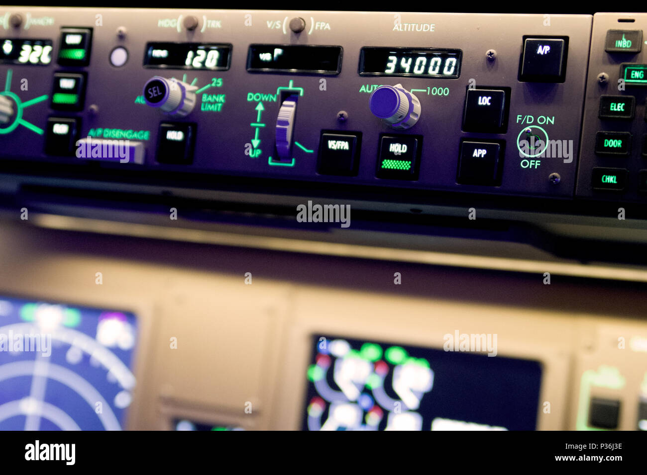 Close up photography of a Boeing 777 autopilot panel Stock Photo