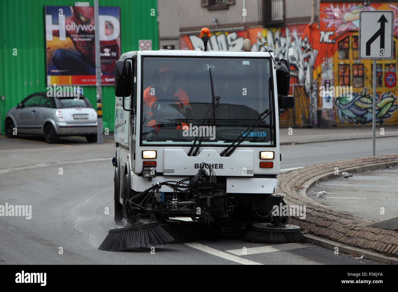 Zurich, Switzerland, street is cleaned with a sweeper Stock Photo