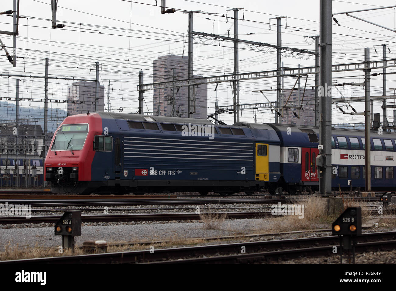 17.02.2012, Zurich, Canton Zurich, Switzerland - S-Bahn of the Swiss Federal Railways at the entrance to the main station. 00S120217D026CAROEX.JPG [MO Stock Photo