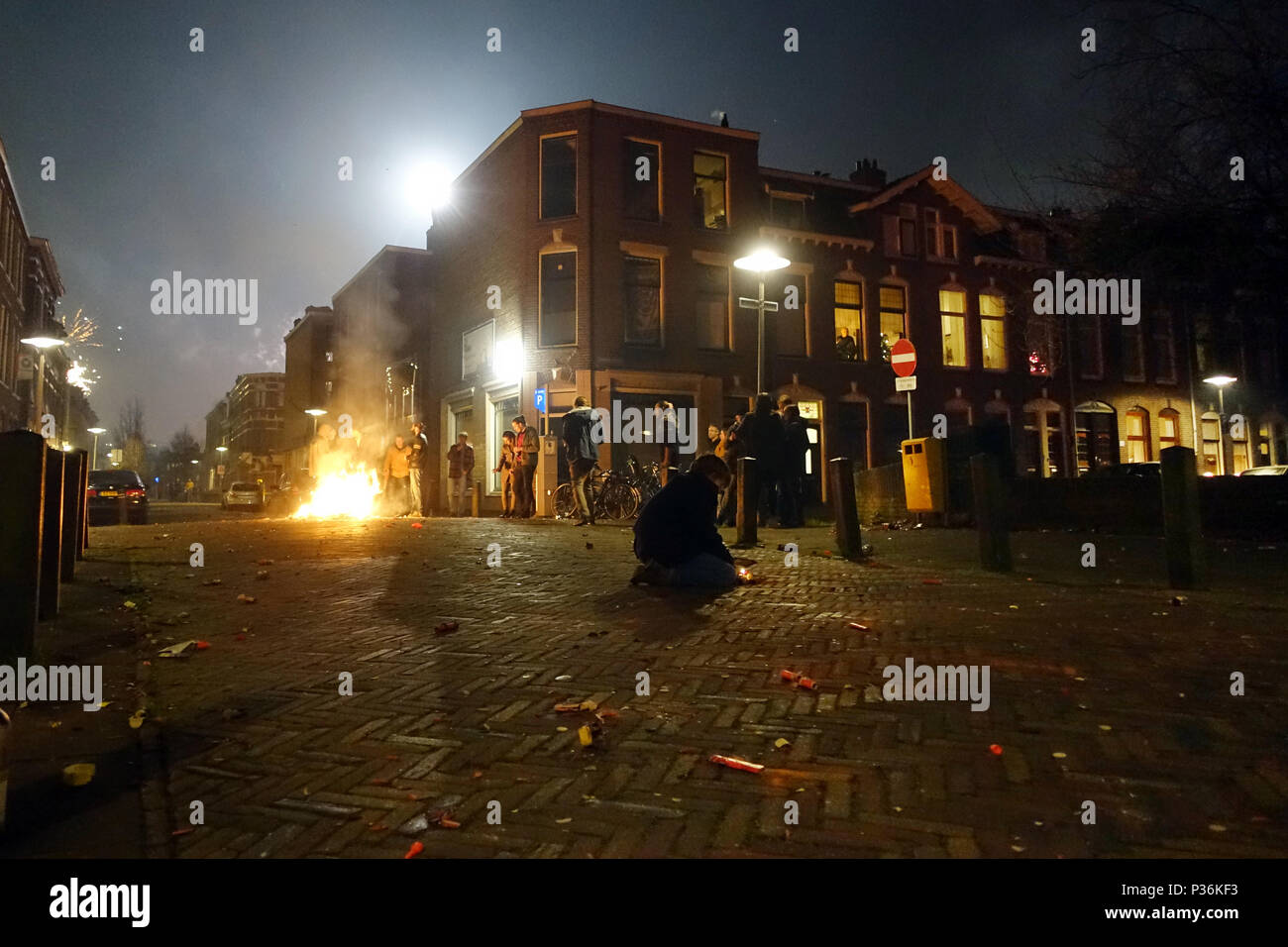 Utrecht, Netherlands, people are celebrating New Year's Eve on the street Stock Photo