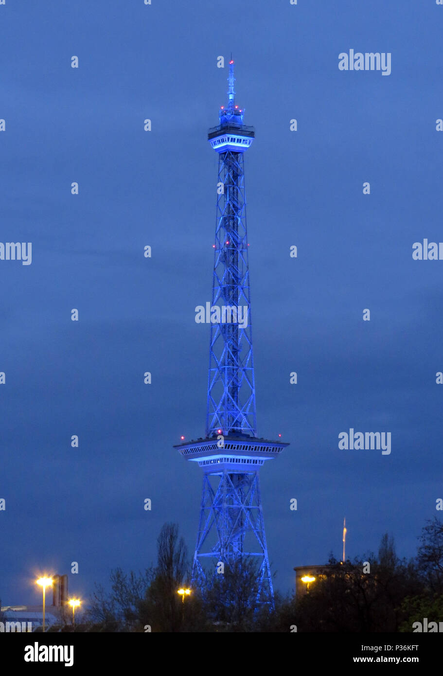 Berlin, Germany, the blue illuminated radio tower at dusk Stock Photo