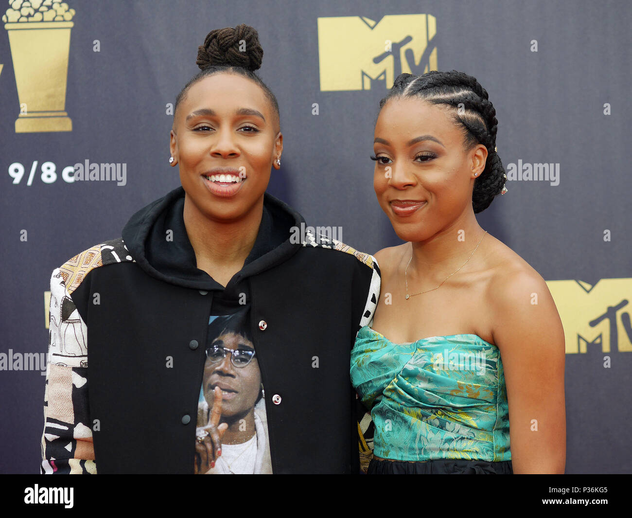 Lena Waithe, left, and her girlfriend, Alana Mayo attending the 2018 MTV Movie and TV Awards held at the Barker Hangar in Los Angeles, USA. PRESS ASSOCIATION Photo. Picture date: Saturday June 16, 2018. Photo credit should read: Francis Specker/PA Wire Stock Photo