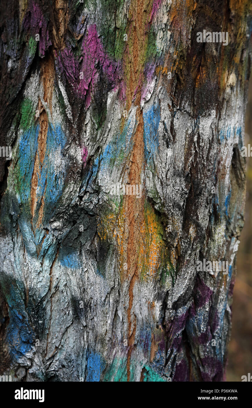 Berlin, Germany, with tree trunk spattered with paint Stock Photo
