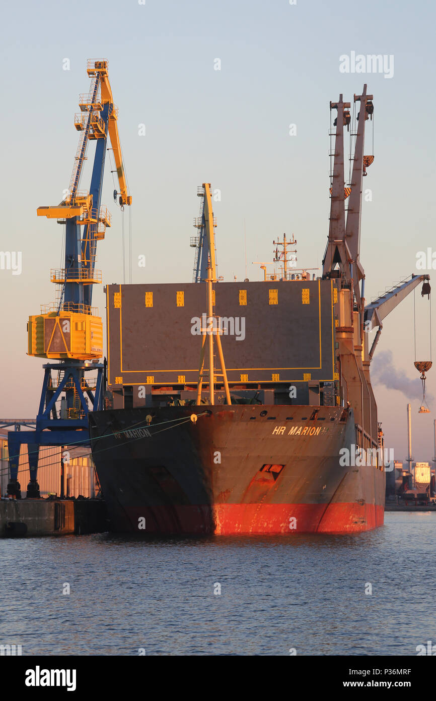 Wismar, Germany, empty cargo ship in the harbor Stock Photo