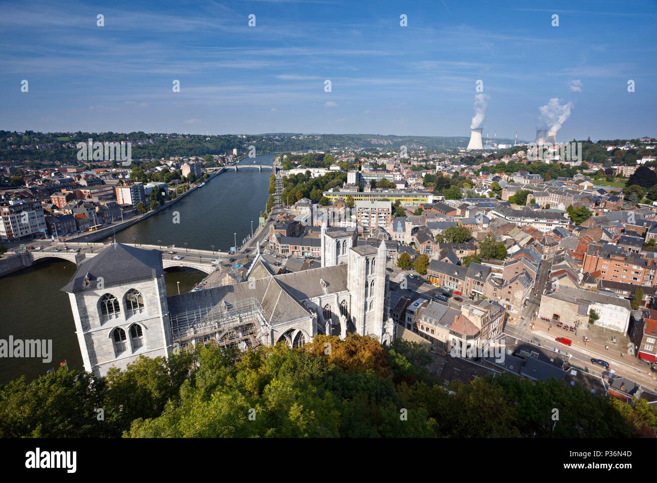 View Over Cathedral And City Of Huy In Belgium At Meuse River To A Distant Nuclear Power Station Stock Photo Alamy