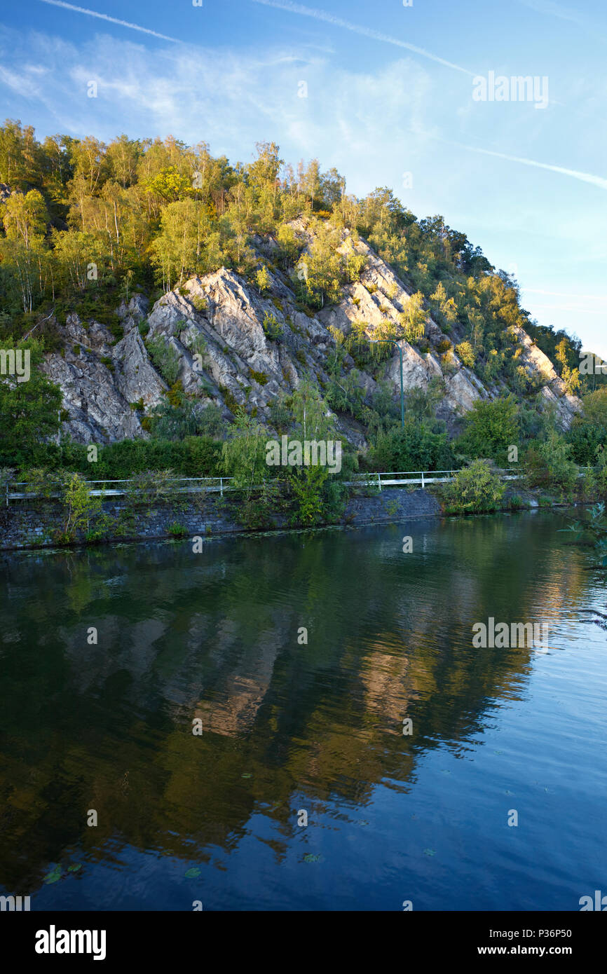 Valley with cliffs at Meuse River in Belgium near Huy, Thiange. Stock Photo