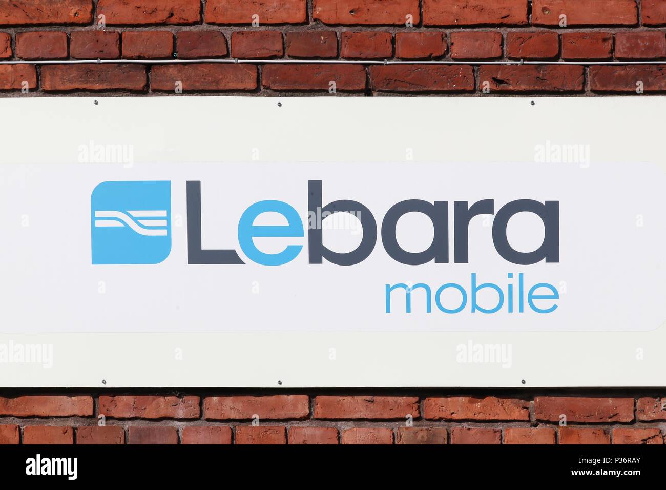 Holme, Denmark - April 8, 2018: Lebara mobile logo on a wall. Lebara is a telecommunications company providing services in many countries Stock Photo