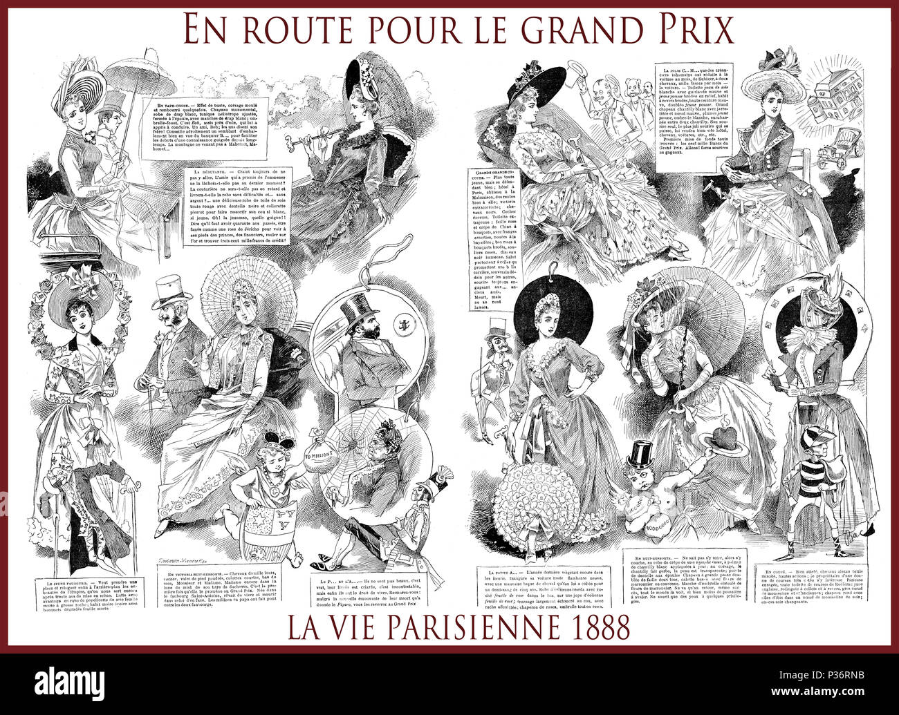 French satirical magazine La vie Parisienne 1888, central page:En route  pour le Grand Prix ( on the way of the Grand Prix)ladies,  fashion,event,humor, caricatures, portraits Stock Photo - Alamy