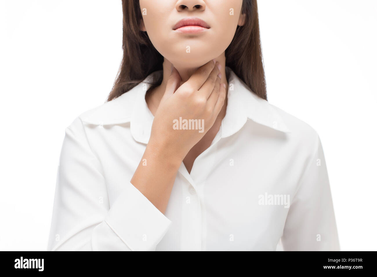 Sore throat woman on white background Stock Photo