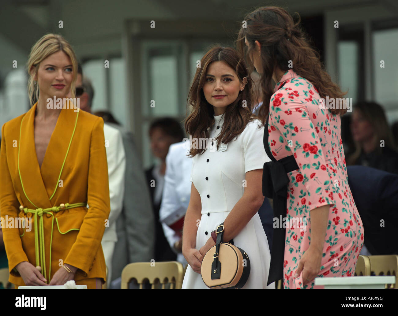 (left to right) American model Martha Hunt and actress Jenna Coleman seen before the start of the Cartier Trophy at the Guards Polo Club, Windsor Great Park, Surrey. Stock Photo