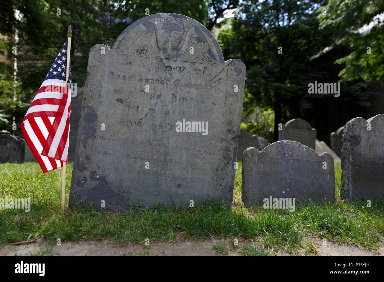 Colonial grave stone in Kings Chapel burial ground, on the Freedom Trail, Boston, Massachusetts Stock Photo