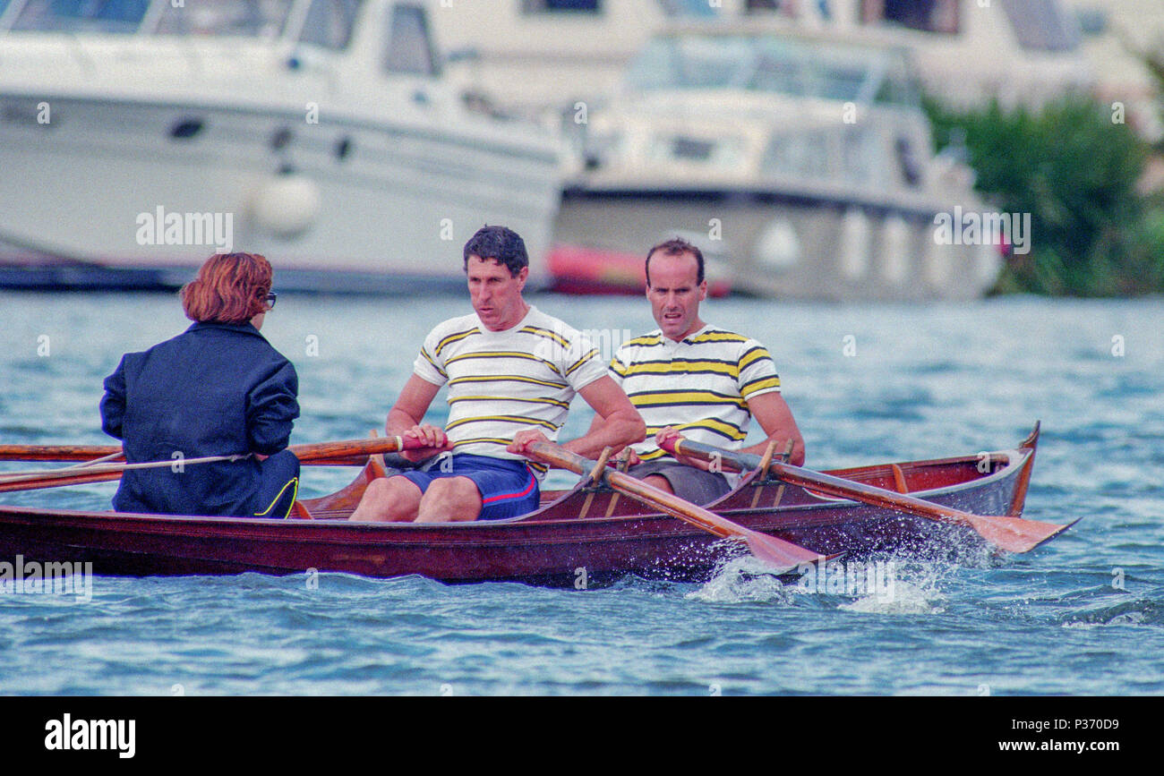Henley, GREAT BRITAIN,  Men's Skiff,  Coxed, Double scull, 'Wooden Clinker Construction',  '1995 National Skiff Rowing Championships', Henley Reach, Henley on Thames, Berkshire, England,     © Peter SPURRIER, Stock Photo