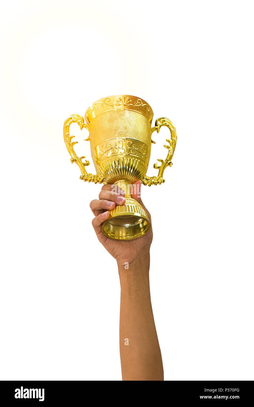 Man hands holding golden cup, congratulations and winner on ...