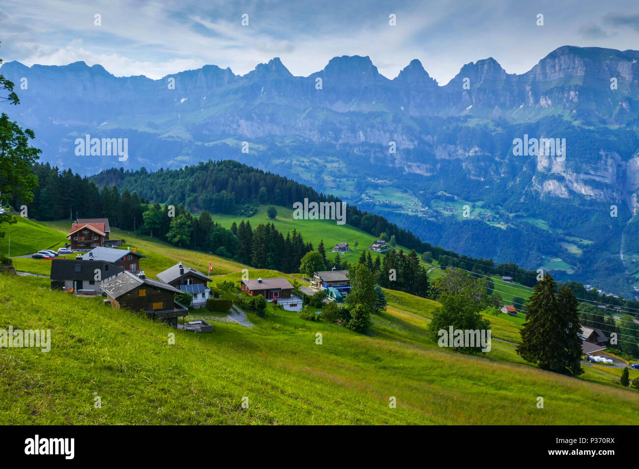 Alpine meadows and peaks, Tannenheim, Flums, Switerland Stock Photo