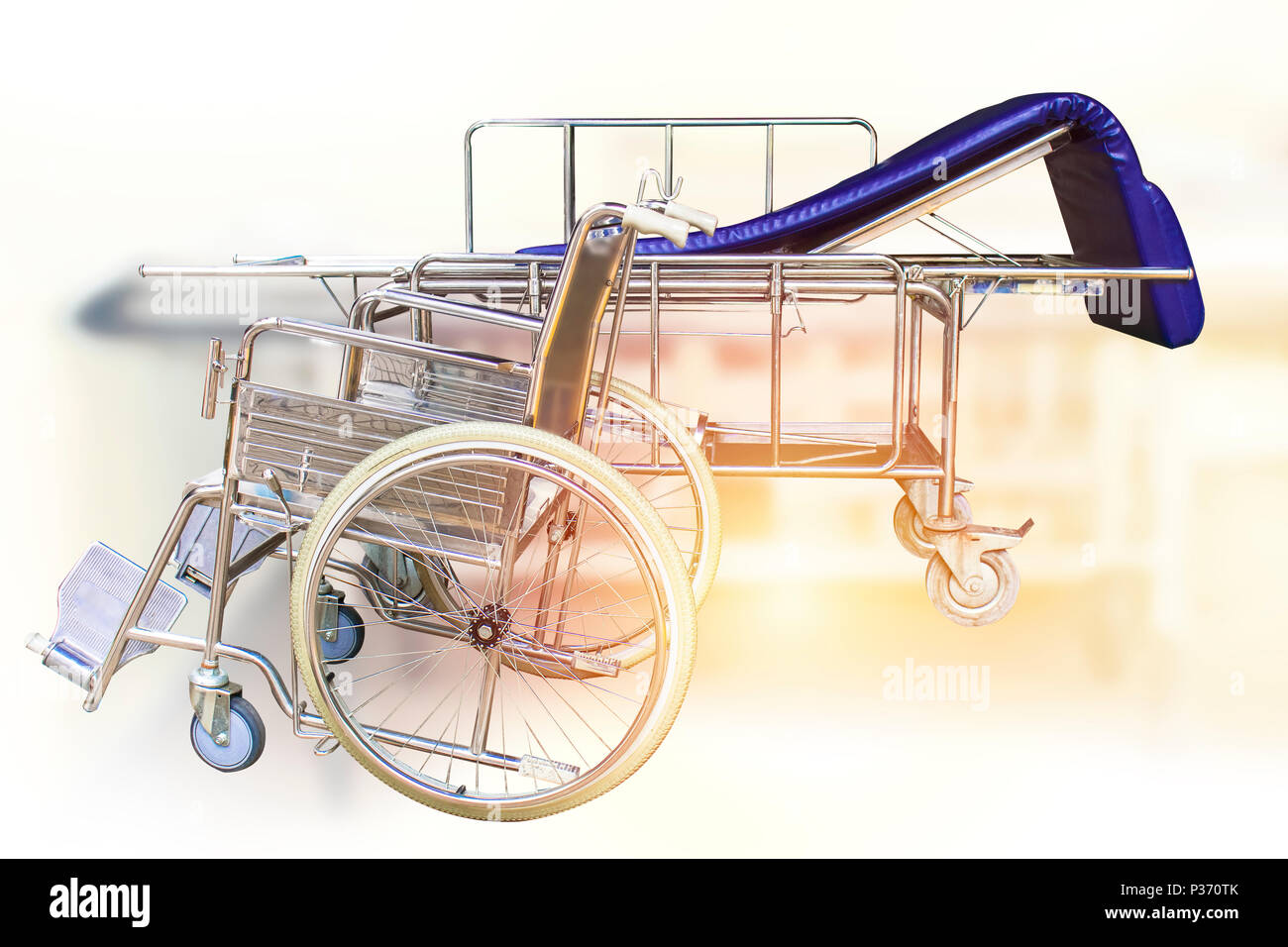 Wheelchairs and Hospital bed waiting for services. with sunlights copy space on area. Stock Photo