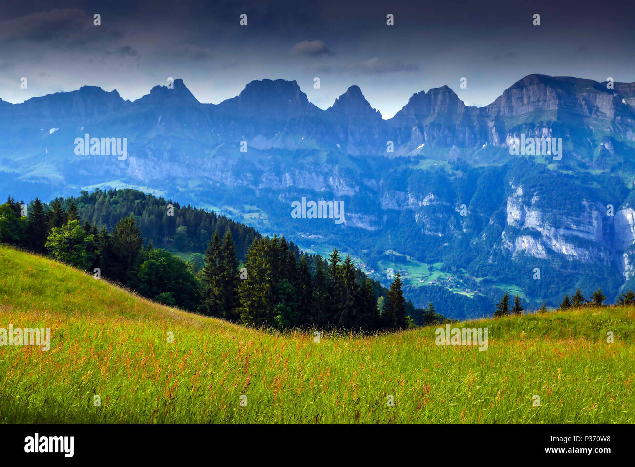 Alpine meadows and peaks, Tannenheim, Flums, Switerland Stock Photo