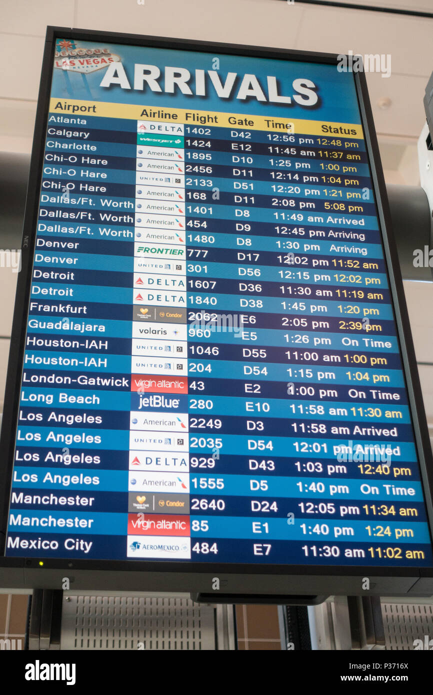 Flight arrivals board at  McCarran airport in Las Vegas Nevada, USA Stock Photo