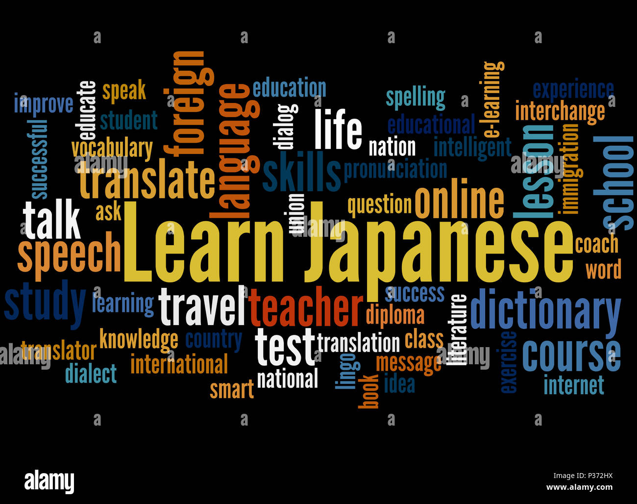 Learn Japanese Word Cloud Concept On Black Background Stock Photo Alamy
