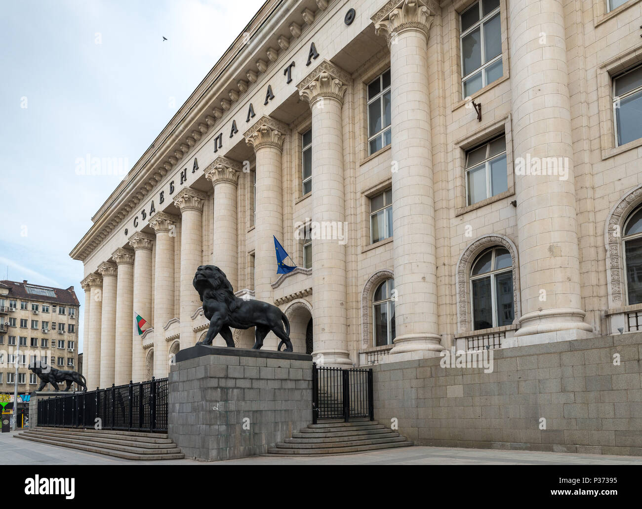 SOFIA, BULGARIA - JUNE 9, 2018: SOFIA, BULGARIA - JUNE 7, 2018: Palace of Justice with lion monuments in Sofia Stock Photo