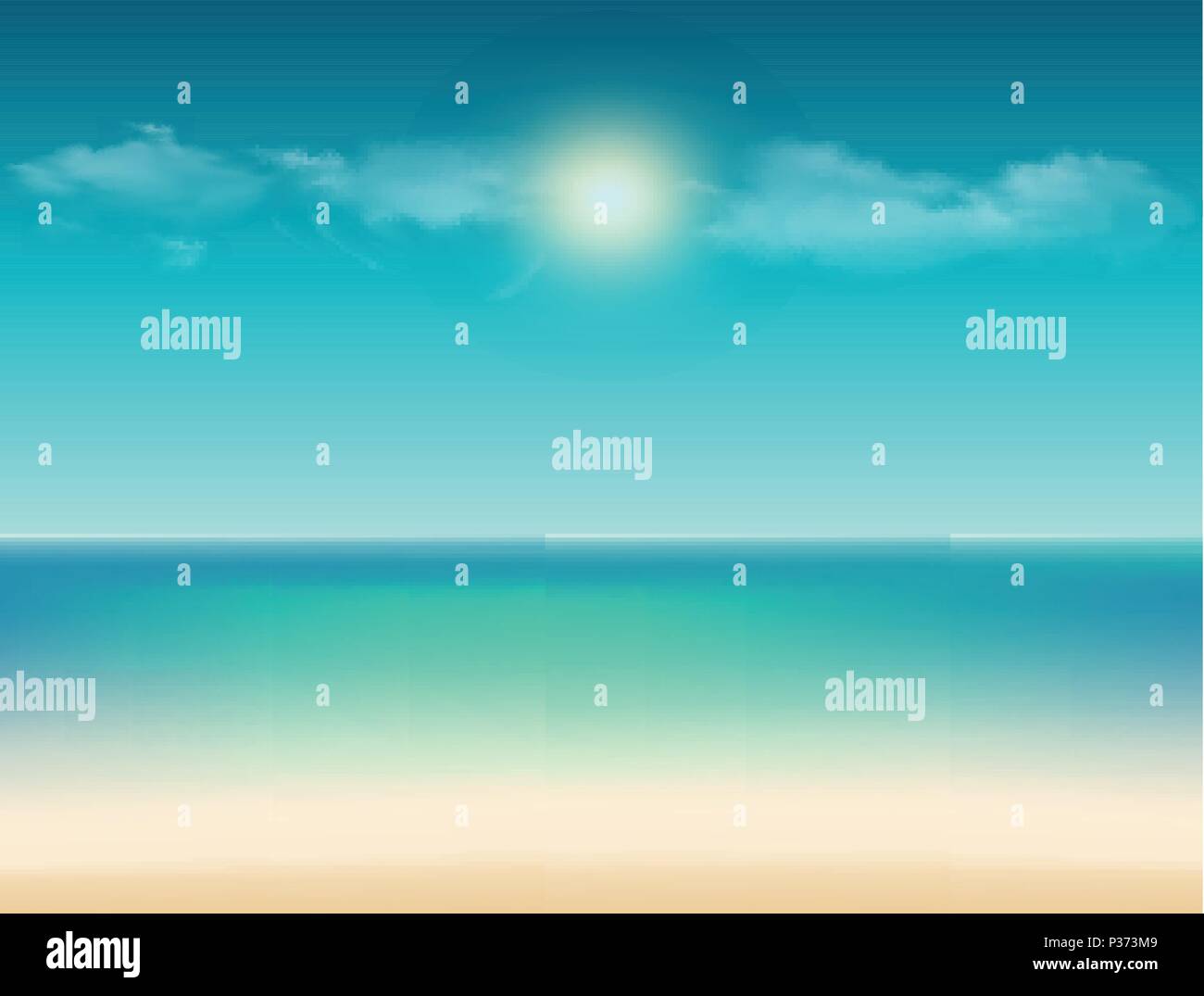 Vector tranquil summer tropical illustration with ocean view and sea sandy beach under the bright sun shining, cloudy blue sky and empty copy space fo Stock Vector