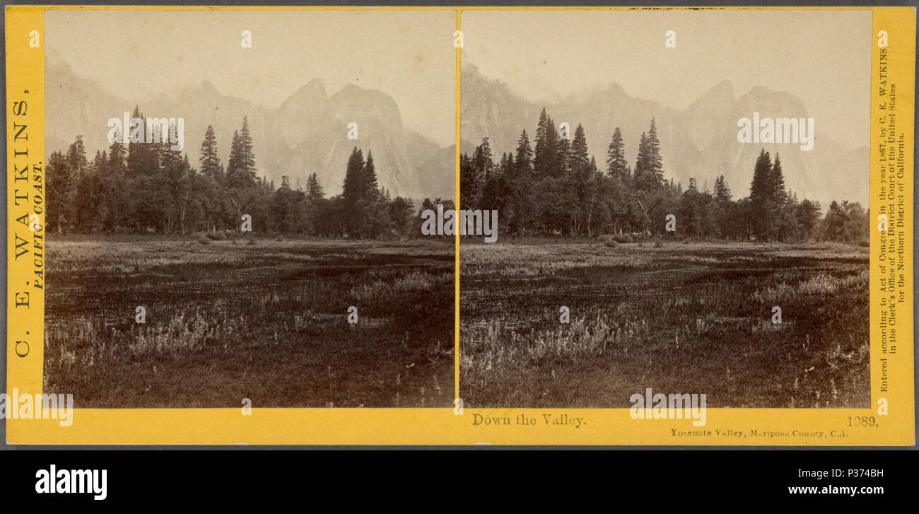 88 Down the valley, Yosemite Valley, Mariposa County, Cal, by Watkins, Carleton E., 1829-1916 Stock Photo