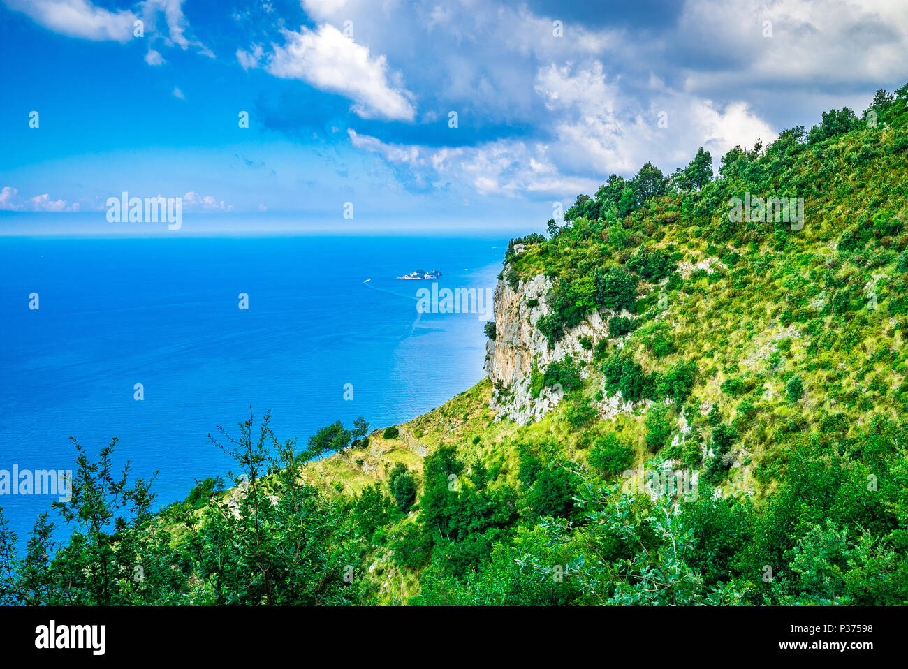 The Walk of the Gods is also known as the Path of the Gods and offers stunning views of the Amalfi Coast. Stock Photo