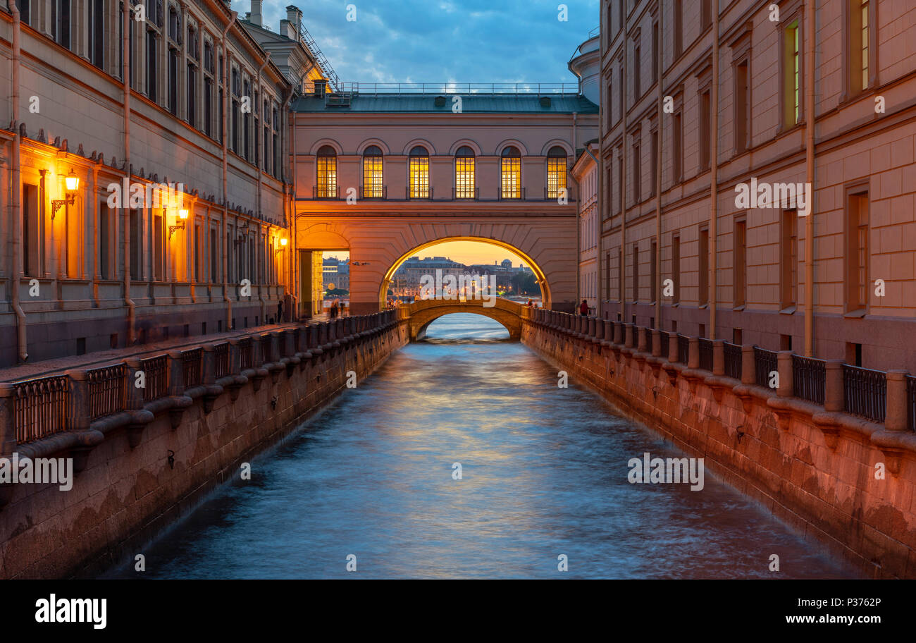 Canal going through the Winter Palace connecting to the Neva River during white nights Stock Photo