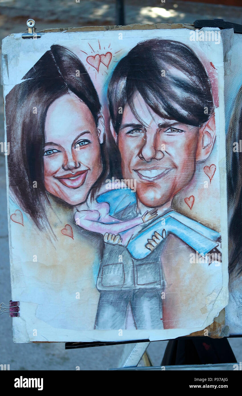 eine Karikatur, die Tom Cruise mit Katie Holmes zeigt, Madrid. Stock Photo