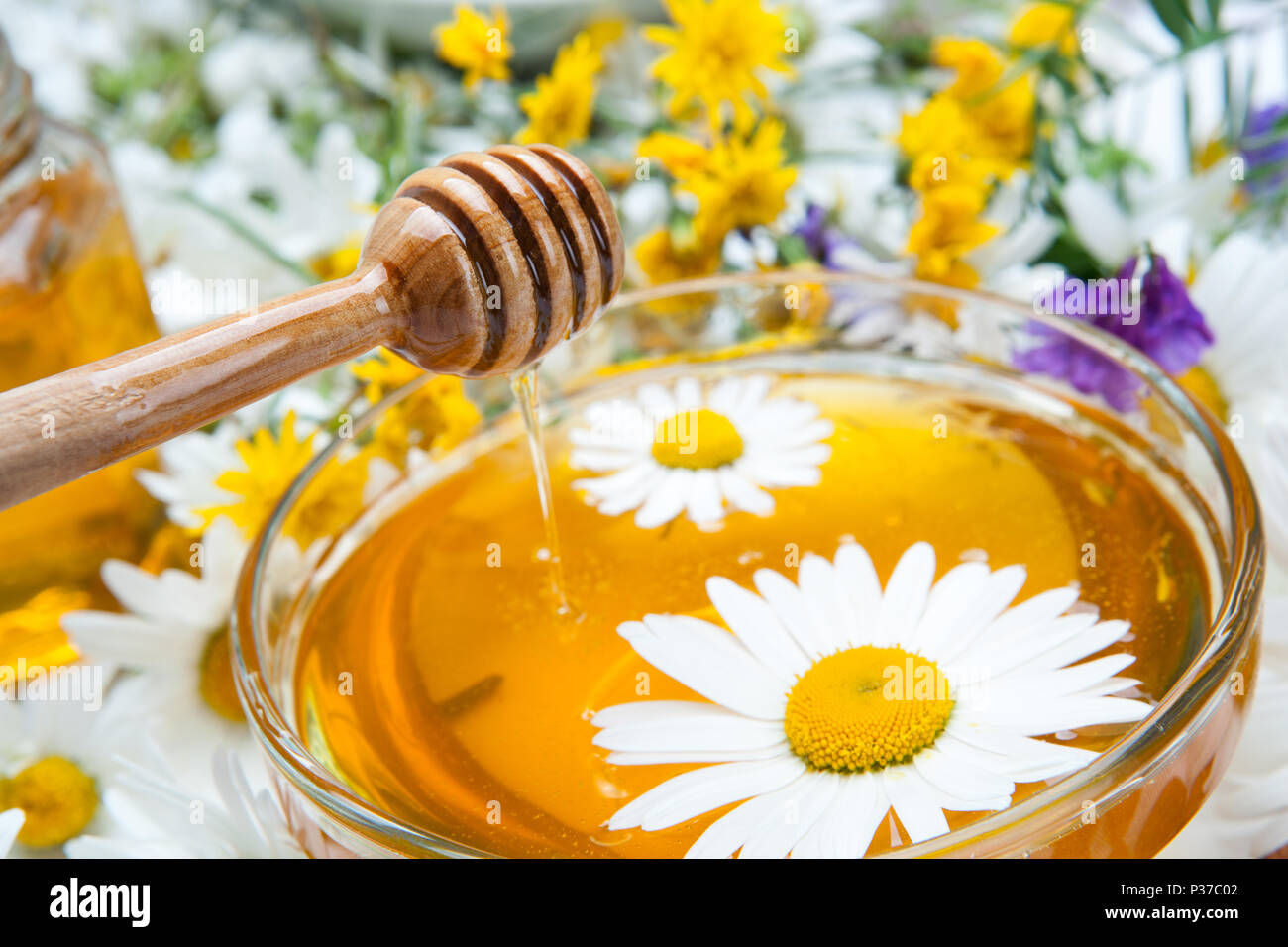 fresh honey in the bowl and honey stick and flowers Stock Photo