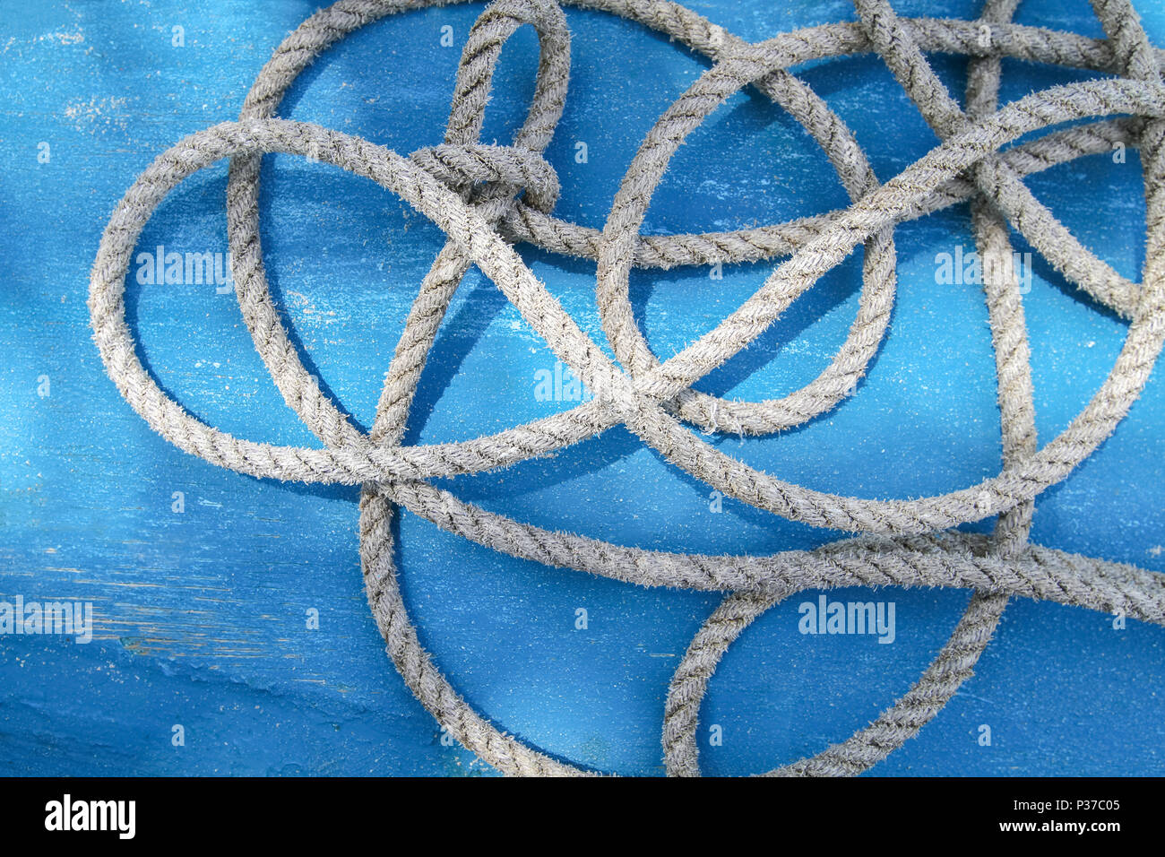 Rope on a deck of an old wooden boat, Boracay Island, Philippines. With space. Stock Photo