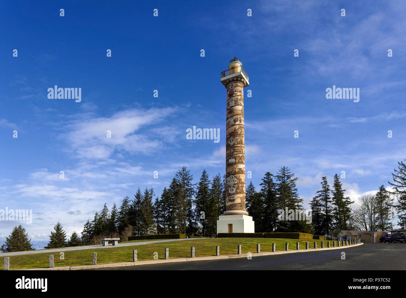 OR02469-00...OREGON - The 125 foot tall Astoria Column stands high above the town of Astoria on Coxcomb Hill. the spiral painting shows 14 significant Stock Photo