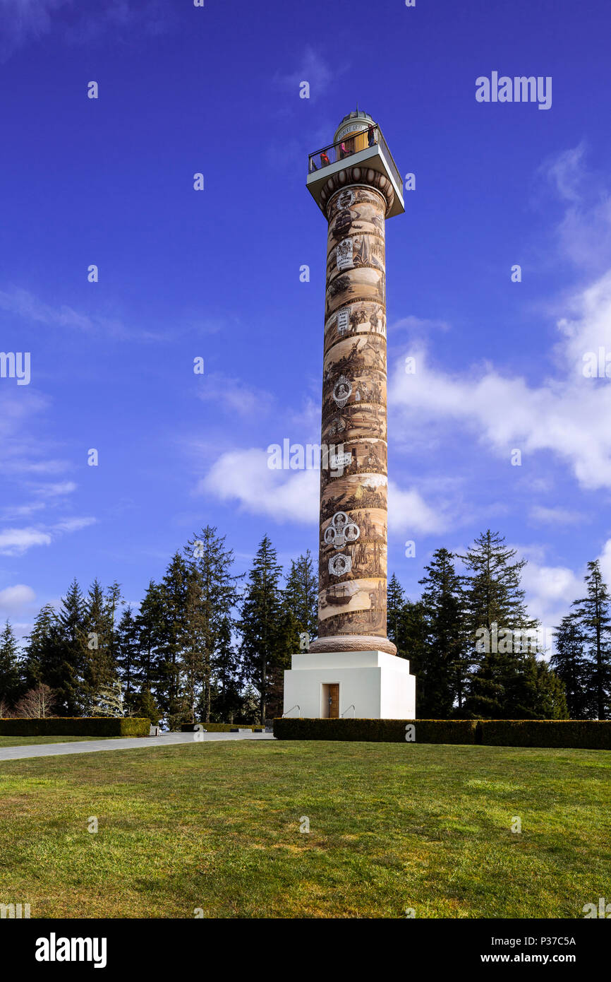 OR02470-00...OREGON - The 125 foot tall Astoria Column stands high above the town of Astoria on Coxcomb Hill. the spiral painting shows 14 significant Stock Photo