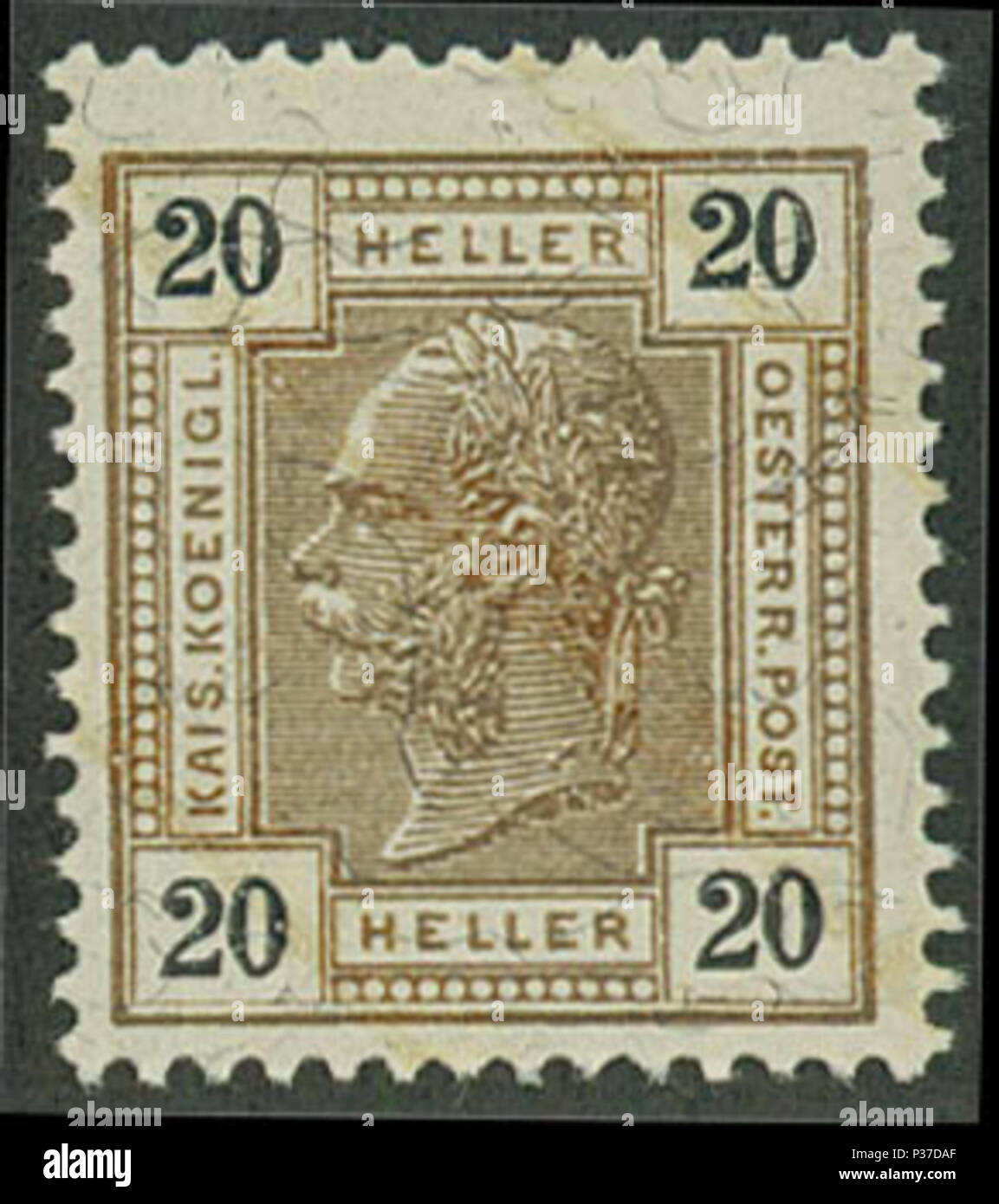. English: Austrian stamp issued 1904, face value of 20 heller, showing Emperor Franz Josef in profile, printed on granite paper and bearing varnish bars over the design as an anti-forgery device. 1904. Imperial Austrian government 1 Austria 1910 20h Franz Josef varnish bar Stock Photo
