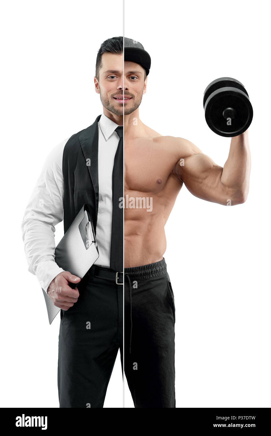 Comparison of manager and bodybuilder's outlook. Manager wearing classic white shirt with black tie and keeping black folder. Fitnesstrainer holding heavy dumbbell, wearing black trousers. Stock Photo