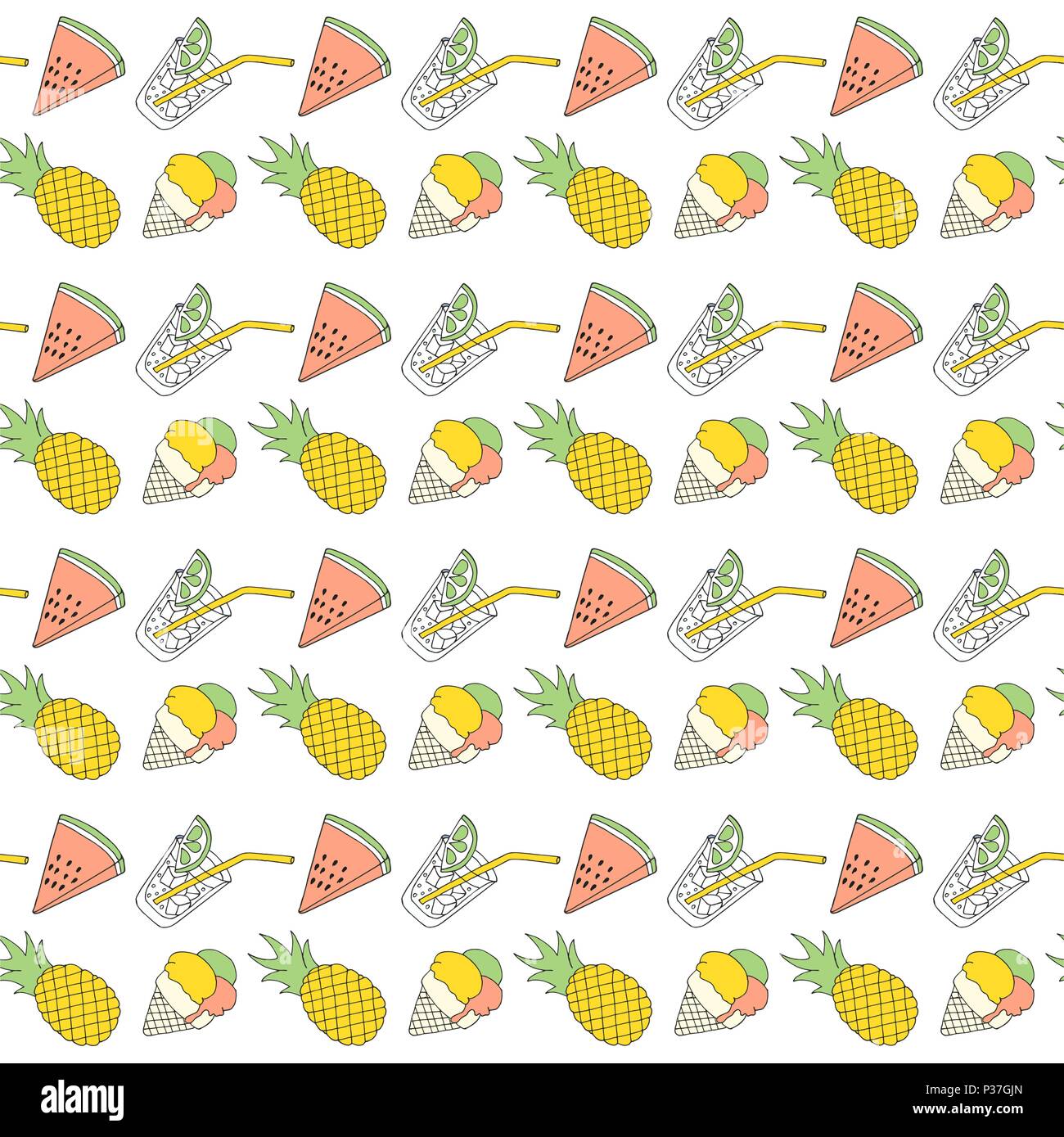 Colorful summer seamless pattern with tropical fruits and ice cream ...