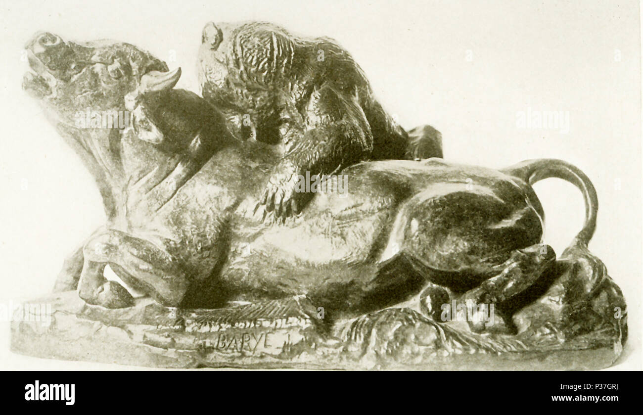 Antoine Louis Barye  (1795-1875) was a Romantic French sculptor. He is best known as a sculptor of animals (therefore, an animalier). This sculpture by Barye is titled “Bull thrown to earth by a bear” ('Taureau terasse par un ous') and belonged to the collection of the late Cyrus J. Lawrence, Esq. Stock Photo