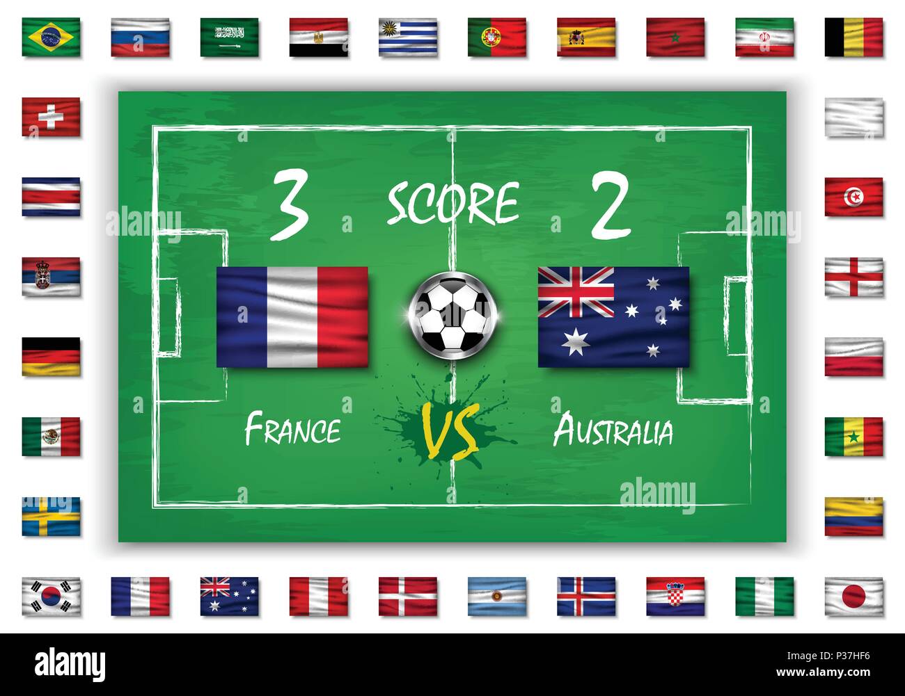 Football or soccer match with scoreboard and set of all national flags on blackboard texture . Vector for international world championship tournament  Stock Vector