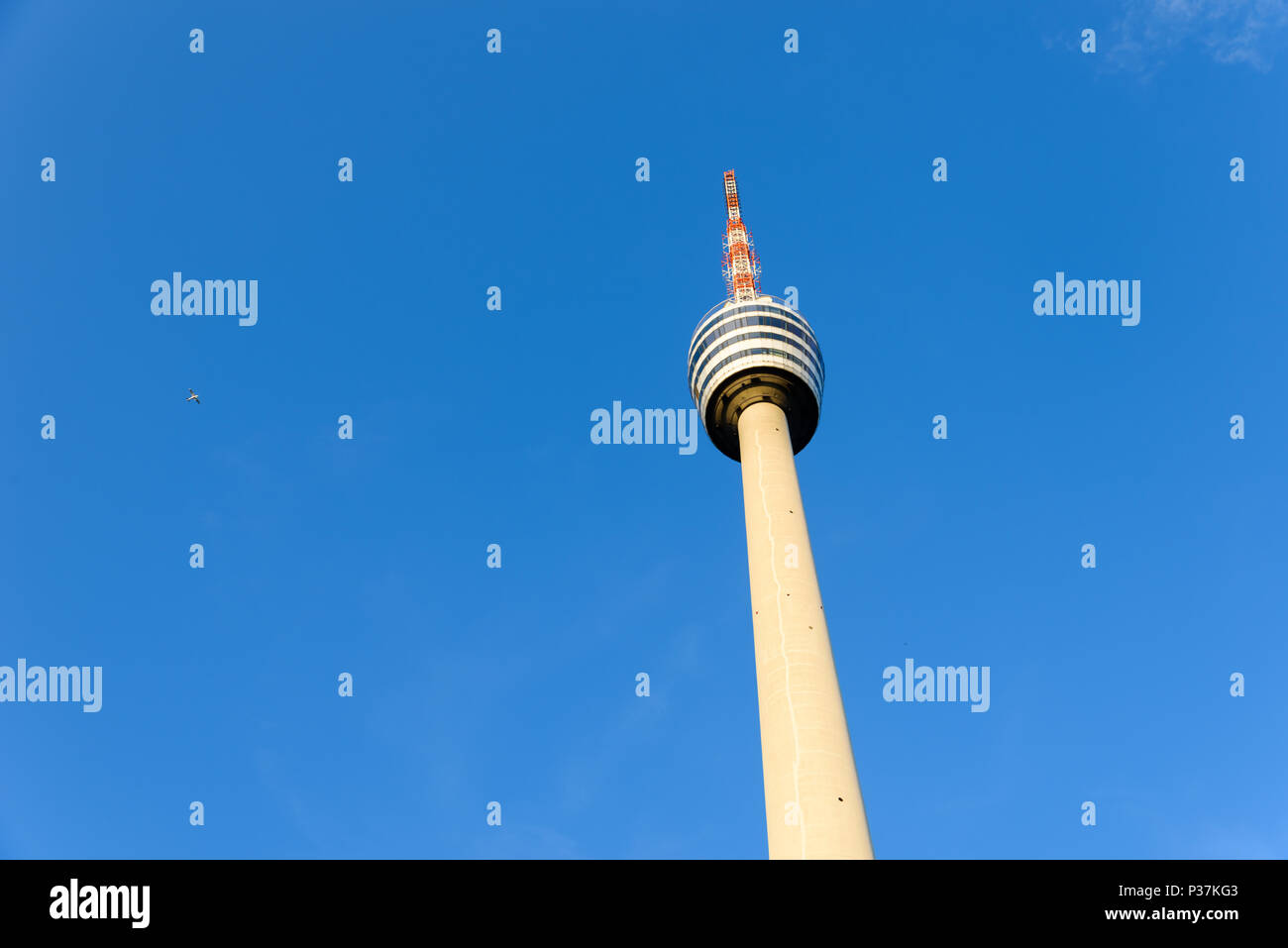 TV Tower in Stuttgart, Germany - First TV Tower of the world - Plane in the background Stock Photo